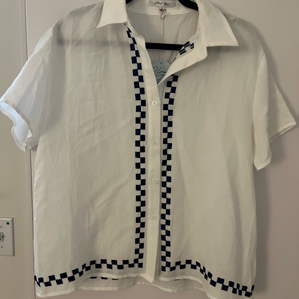 White Button-Up Shirt with Blue Checkered Trim